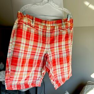 Lands End linen orange color plaid shorts size 12